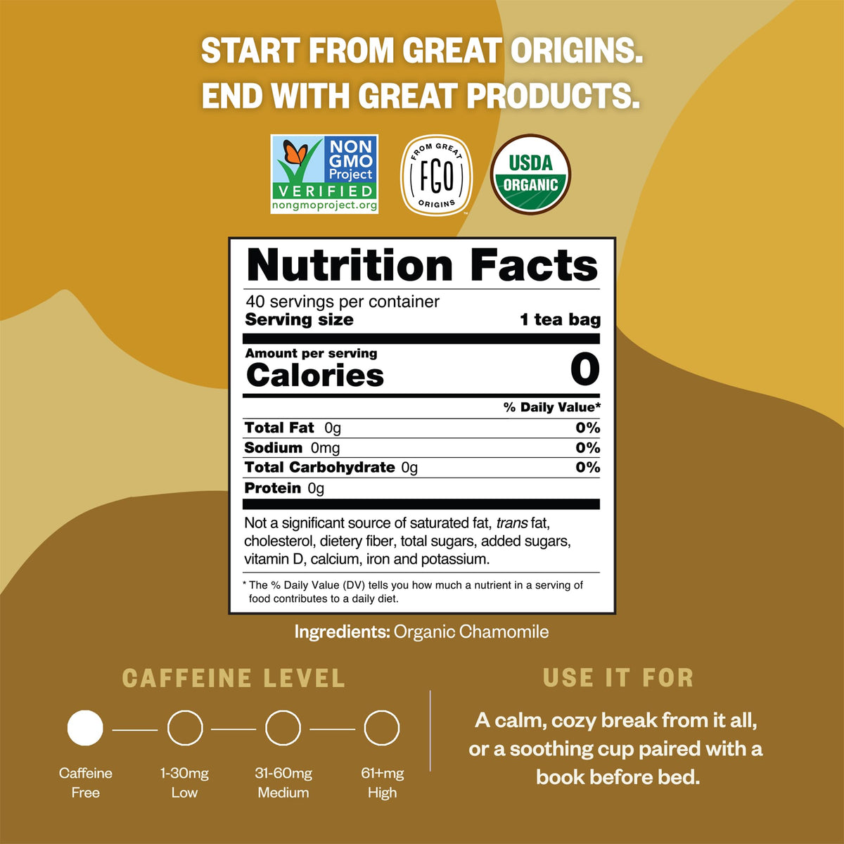 FGO Chamomile Tea bags close-up reveals Abacá hemp fiber material and delicate aroma.
