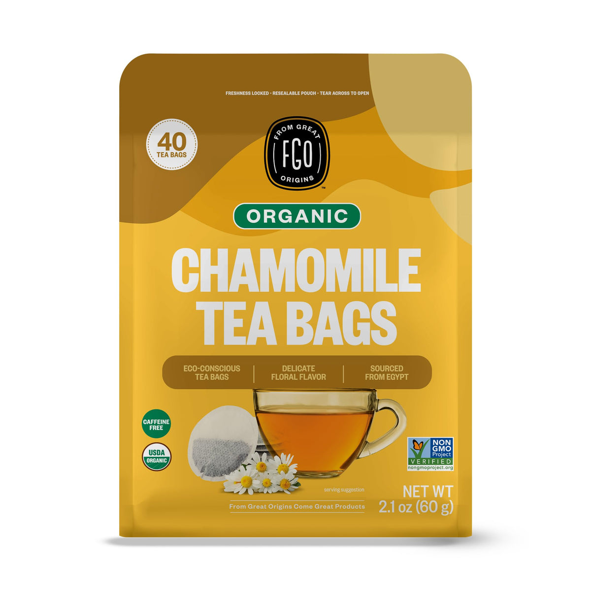 FGO Chamomile Tea front pack showcases eco-conscious packaging for sustainable moments.
