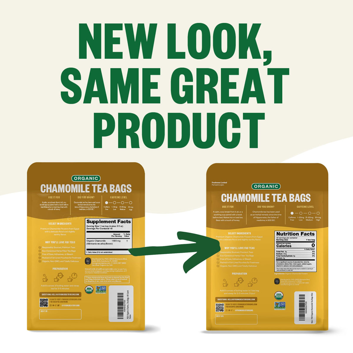FGO Chamomile Tea resealable bag keeps freshness and reduces waste.