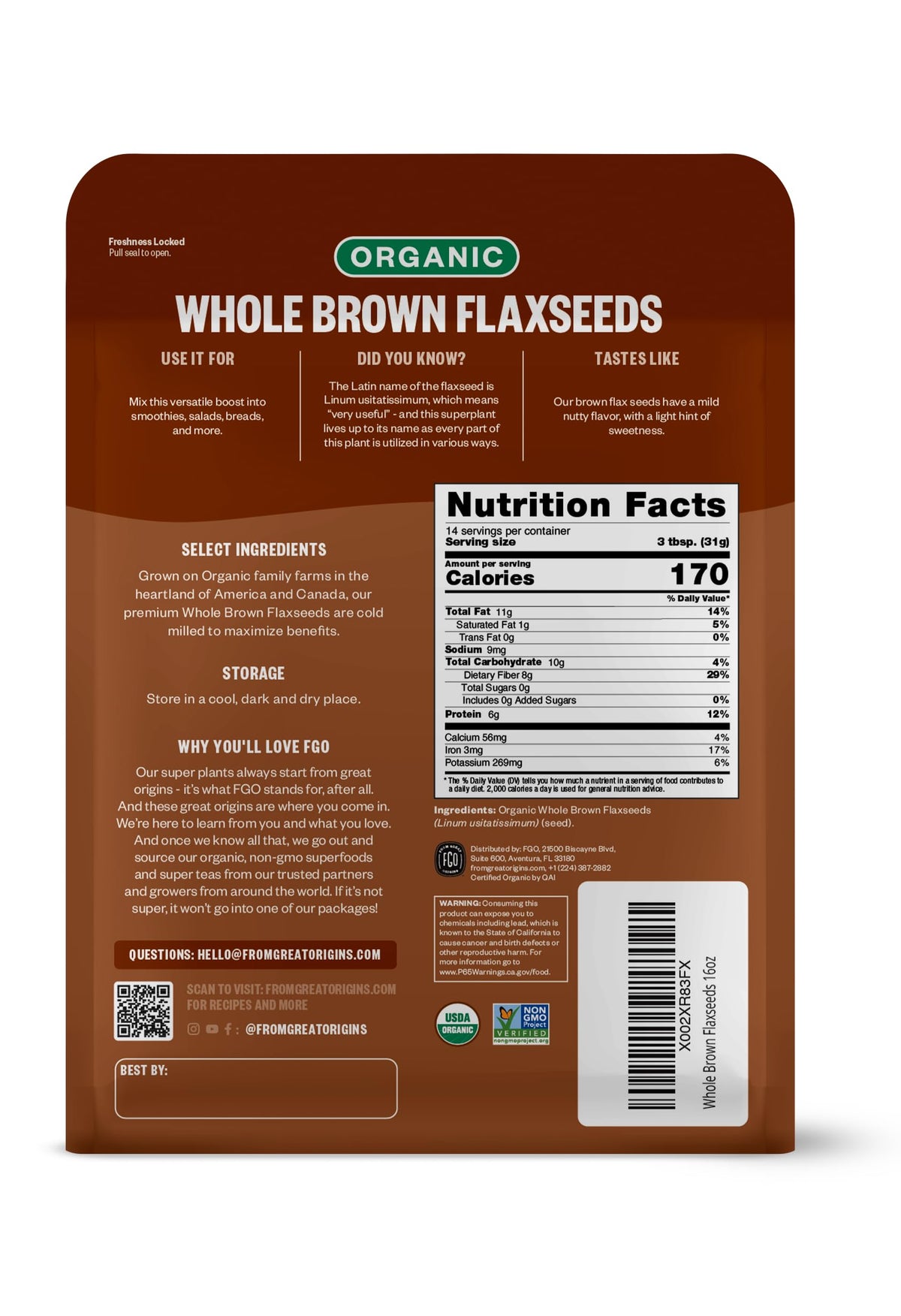 FGO Cold milled flaxseed powder close-up, adds nutty flavor to smoothies and baked goods.