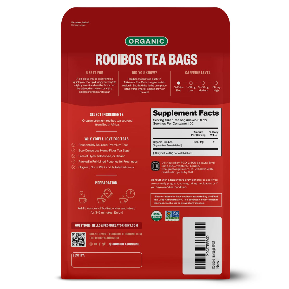 FGO rooibos tea packaging with foil lined kraft for freshness