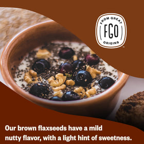 FGO Flaxseed meal being added to a smoothie for texture and flavor.