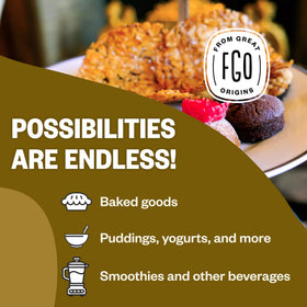 FGO flaxseed meal smoothie pour suggests creamy plant-based drinks