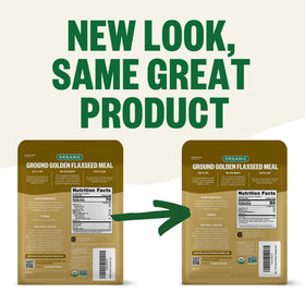 FGO flaxseed meal texture closeup highlights fine golden powder