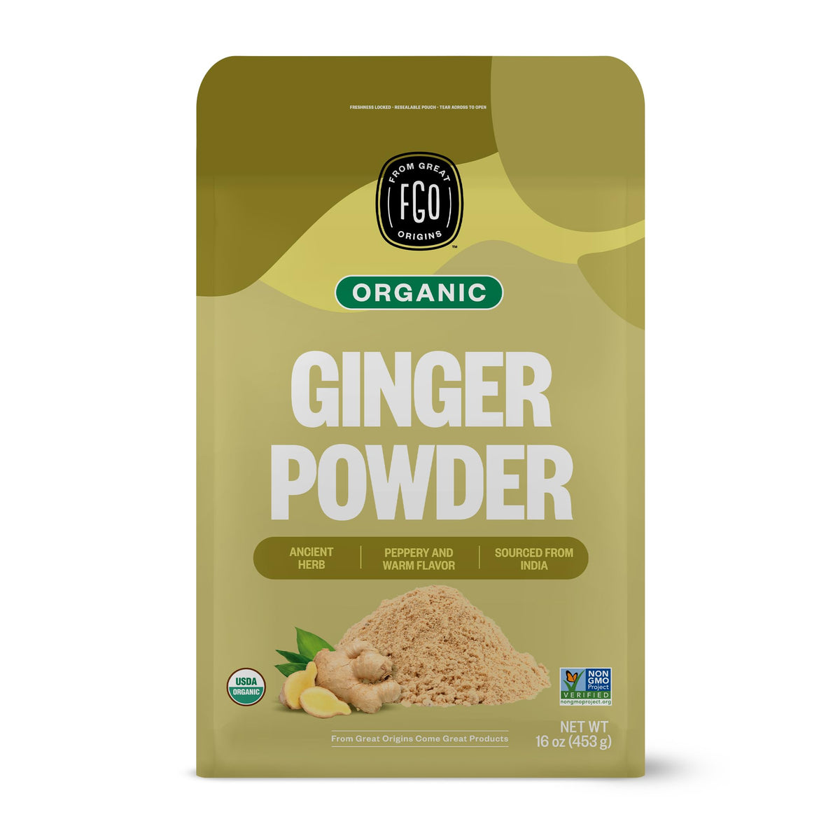 FGO organic ginger powder 16oz bag for easy pantry storage and cooking