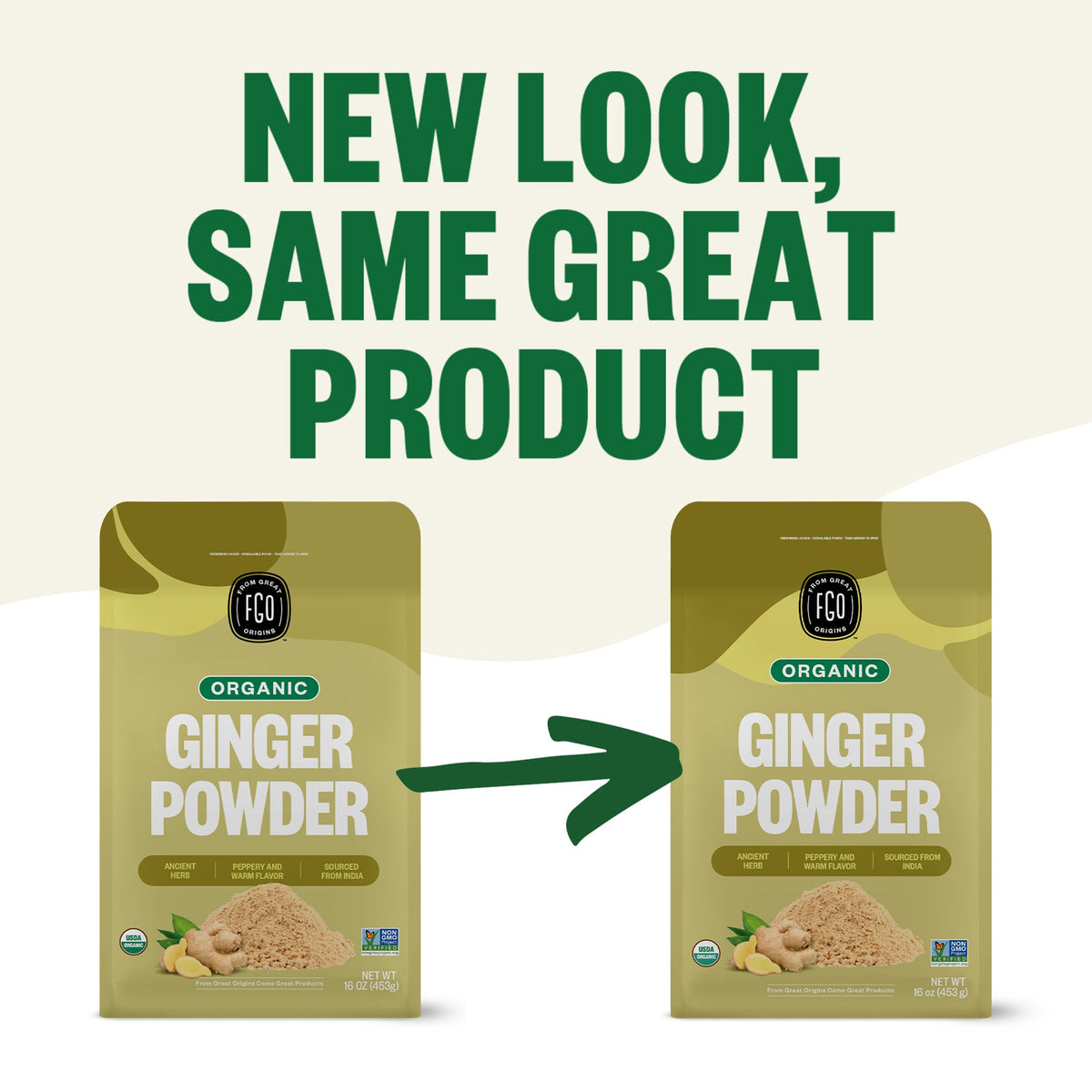 FGO organic seal on the ginger powder label emphasizing certification