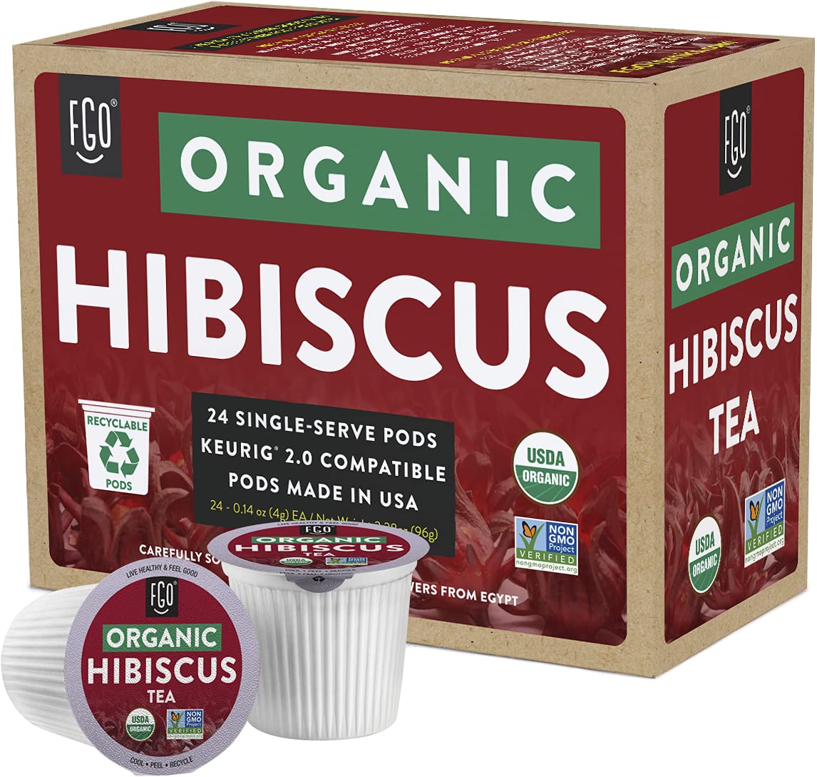 FGO Hibiscus tea packaging with 24 pods and eco-friendly design