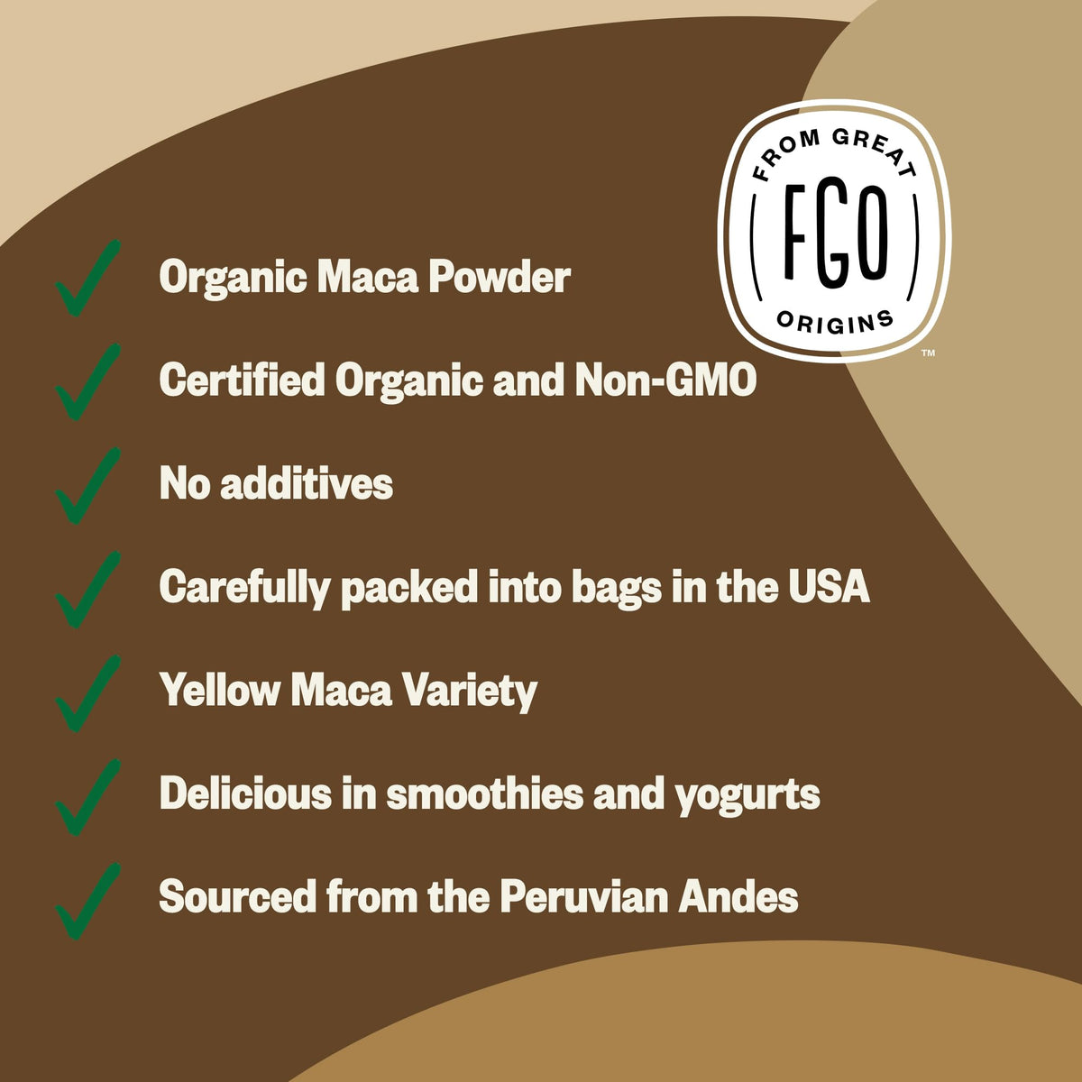 FGO Organic Maca Root Powder label close-up highlighting origin.