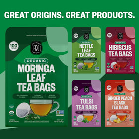 A mug of hot FGO Organic Moringa Tea ready to enjoy.