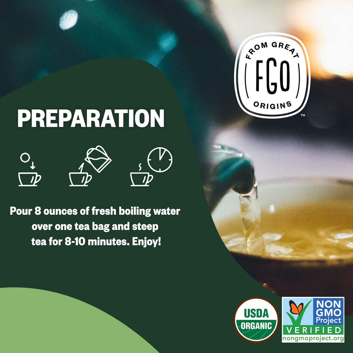 FGO Organic Nettle Tea bags inside kraft packaging emphasize waste-free design