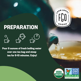 FGO Organic Nettle Tea bags inside kraft packaging emphasize waste-free design