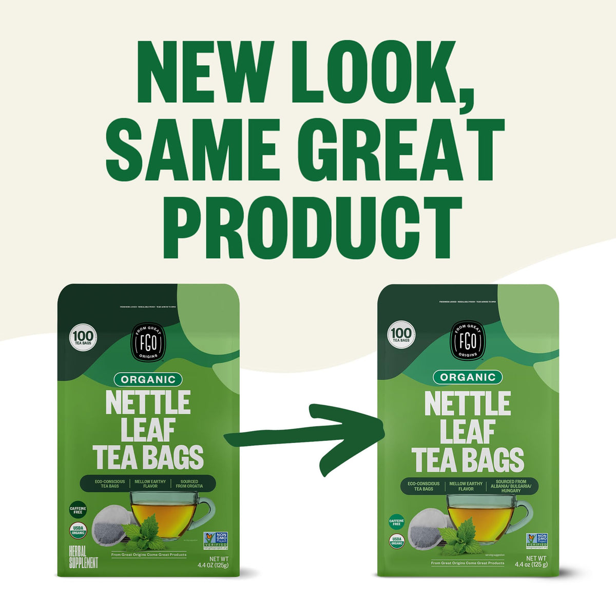 FGO Nettle Tea shows USDA Organic and Non-GMO seals for trusted quality