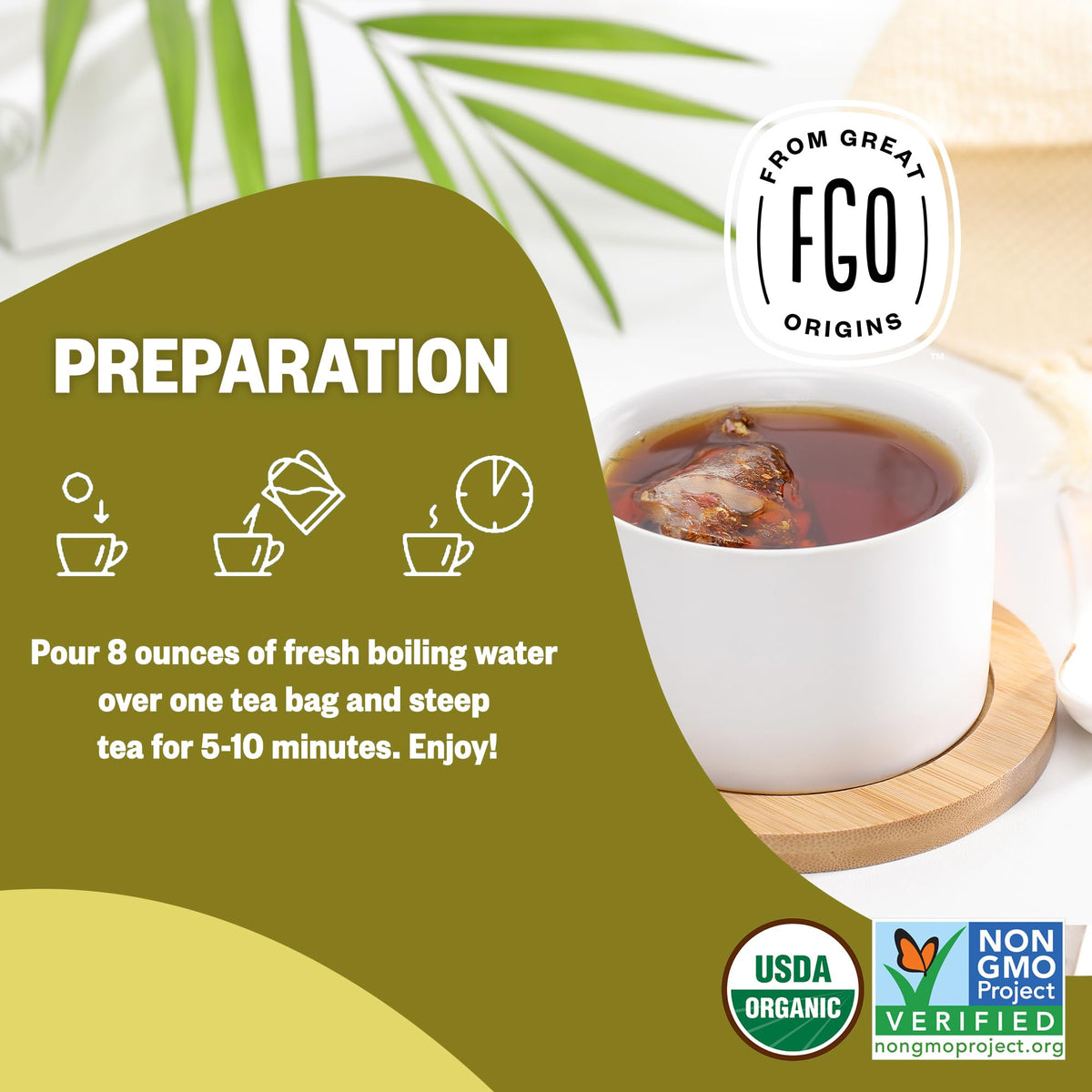 FGO Non-GMO seal on box supporting transparent sourcing.