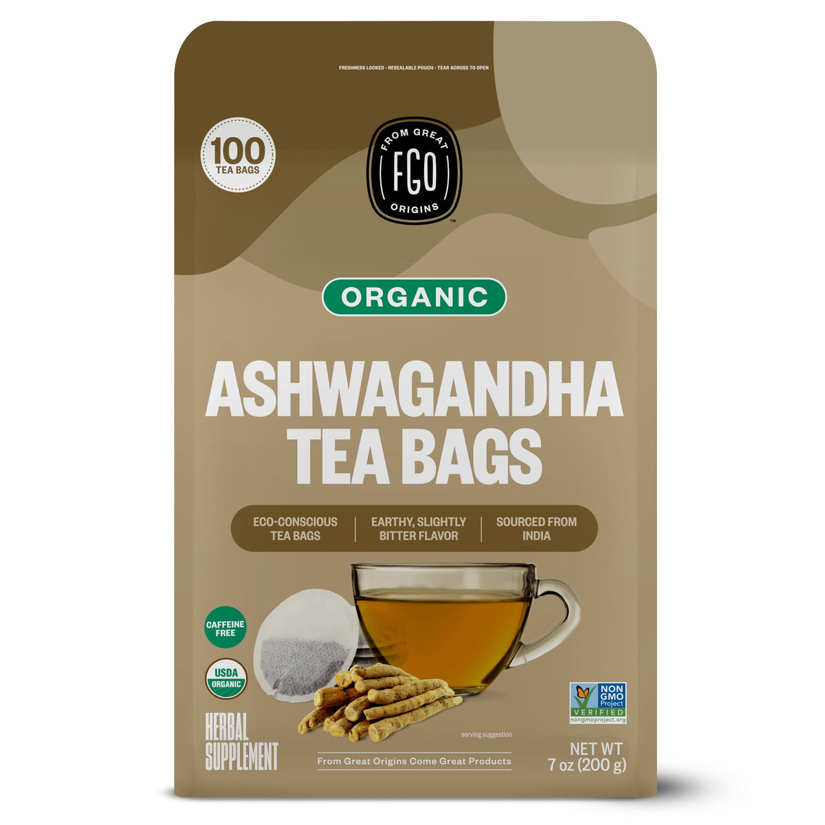 FGO Organic Ashwagandha Tea bags for caffeine-free evenings