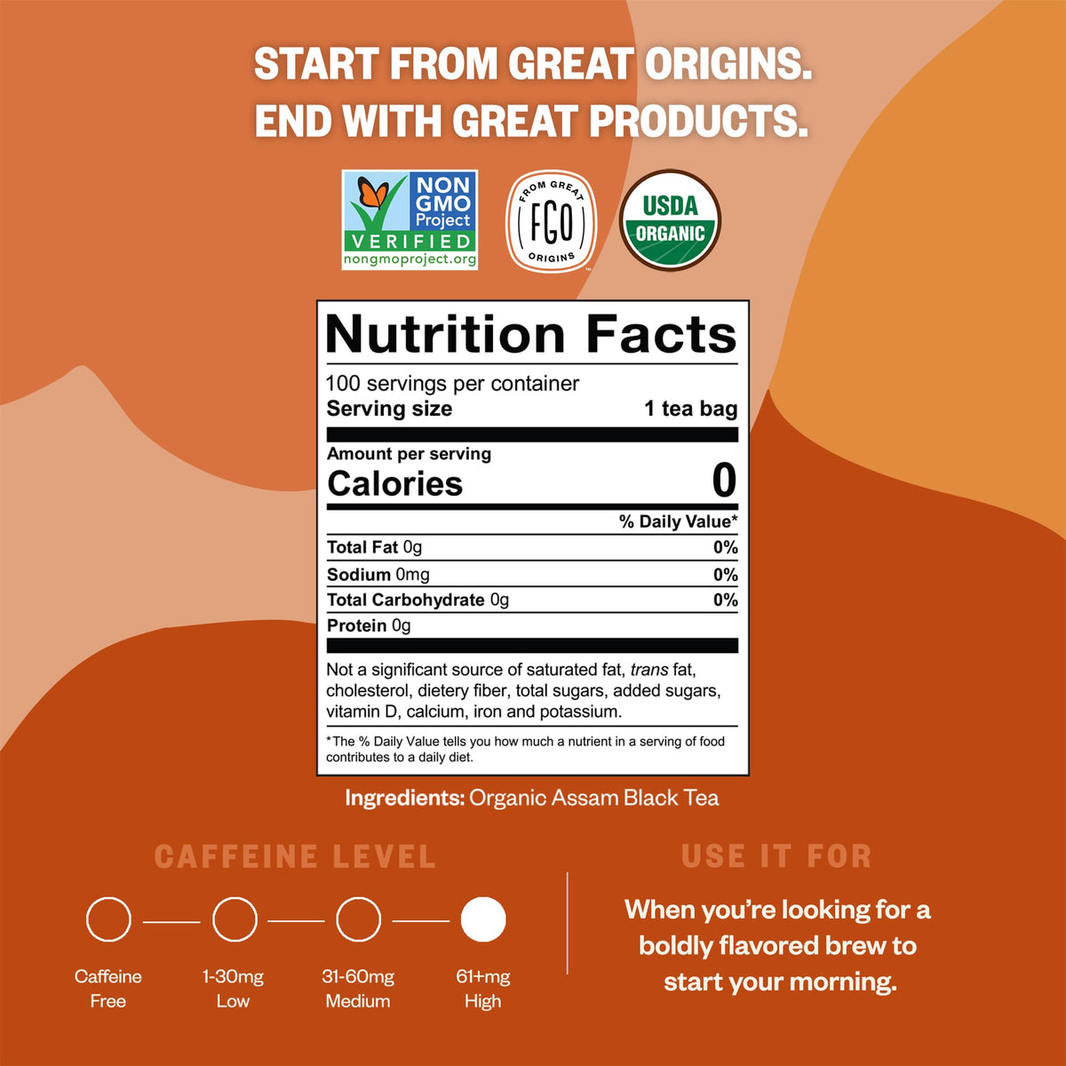 FGO Organic Assam Tea bag closeup highlights rich aroma and sturdy tea bags.