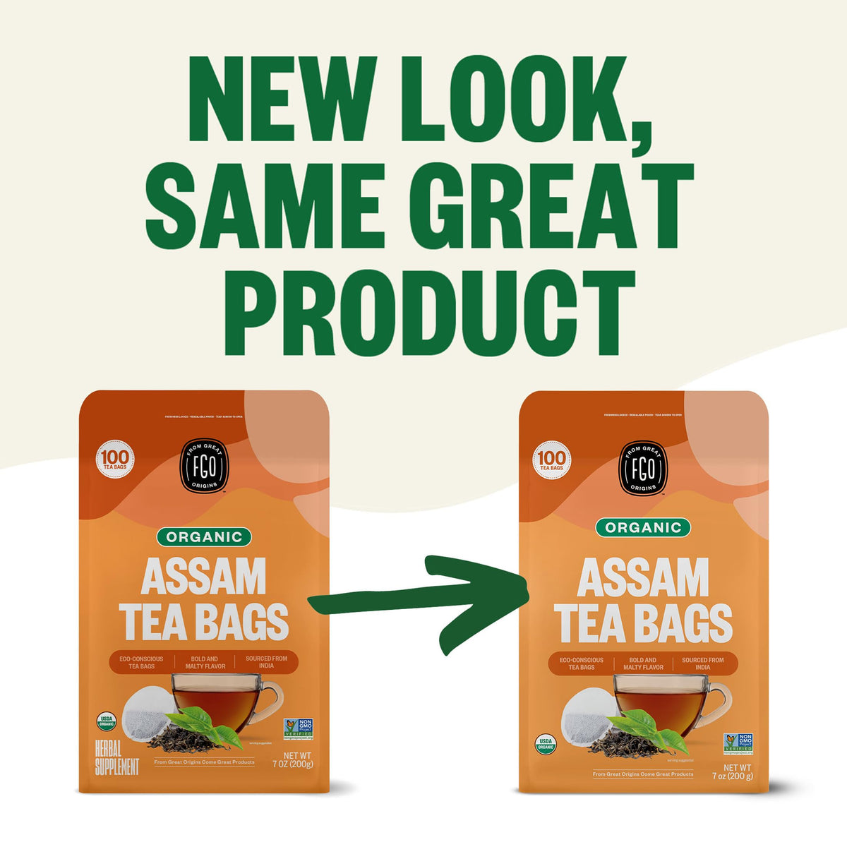 FGO Organic Assam Tea bags in pack show convenient, economy-friendly 100-count supply.