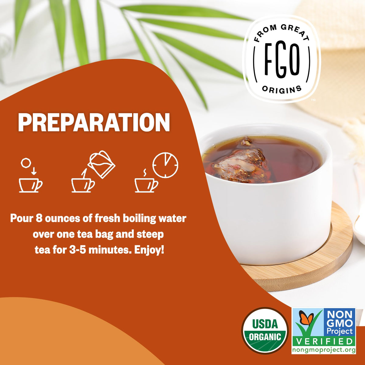 FGO Organic Assam Tea caffeine 61mg fuels your morning with a robust cup.