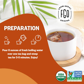 FGO Organic Assam Tea caffeine 61mg fuels your morning with a robust cup.