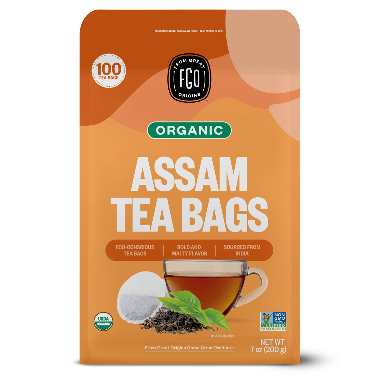 FGO Organic Assam Tea front packaging showcases eco-conscious design for daily brews.