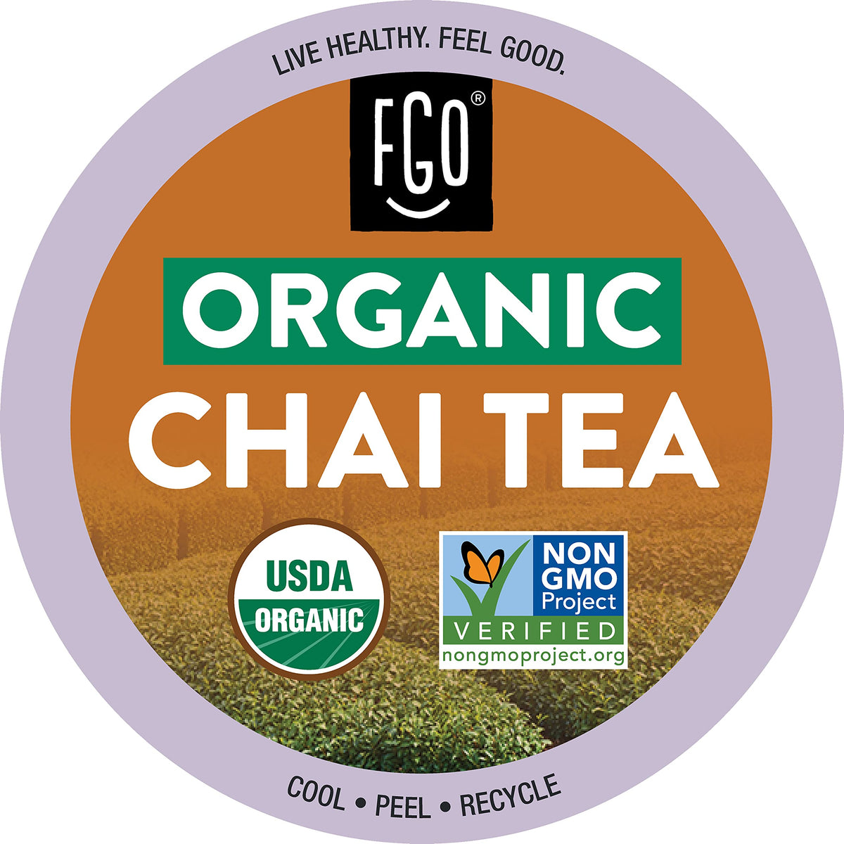 FGO Organic Chai Black Tea K-Cup Pods front view, ready for quick mornings