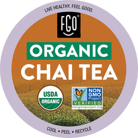 FGO Organic Chai Black Tea K-Cup Pods front view, ready for quick mornings