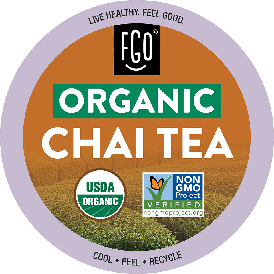 FGO Organic Chai Black Tea K-Cup Pods front view, ready for quick mornings