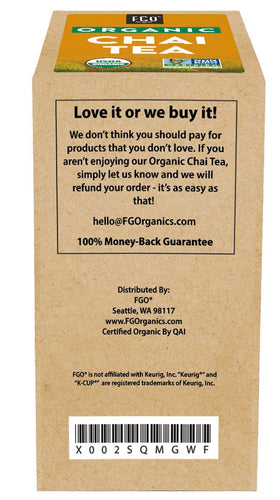 FGO Organic Chai Black Tea K-Cup Pods close-up, warm spice aroma