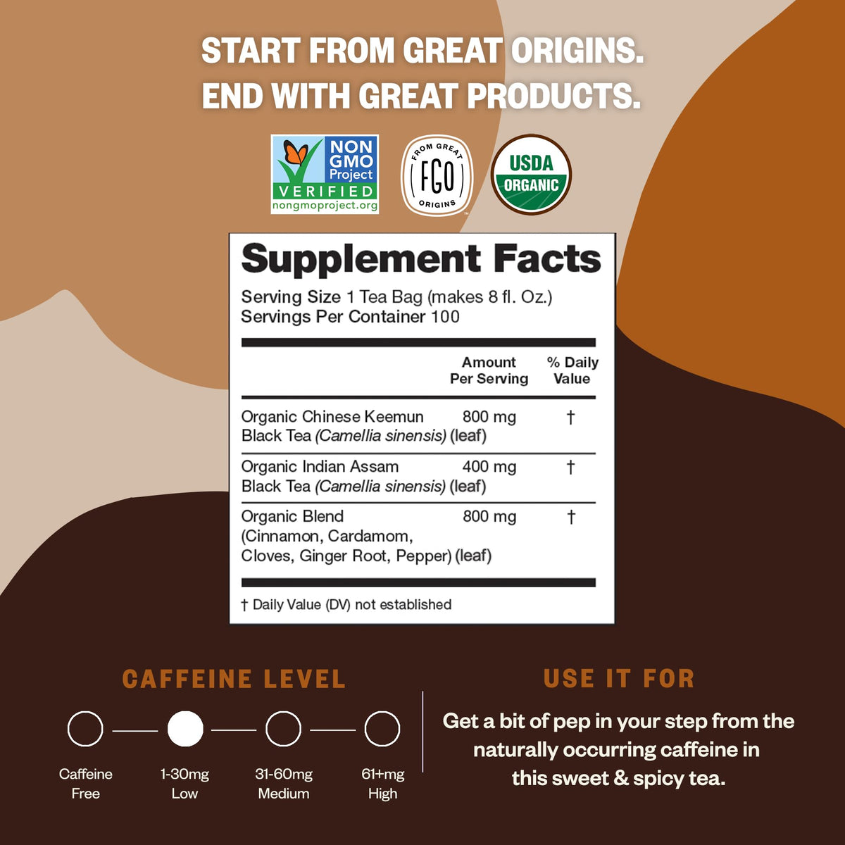 FGO Organic Chai Tea aroma close-up with warm, spiced notes.