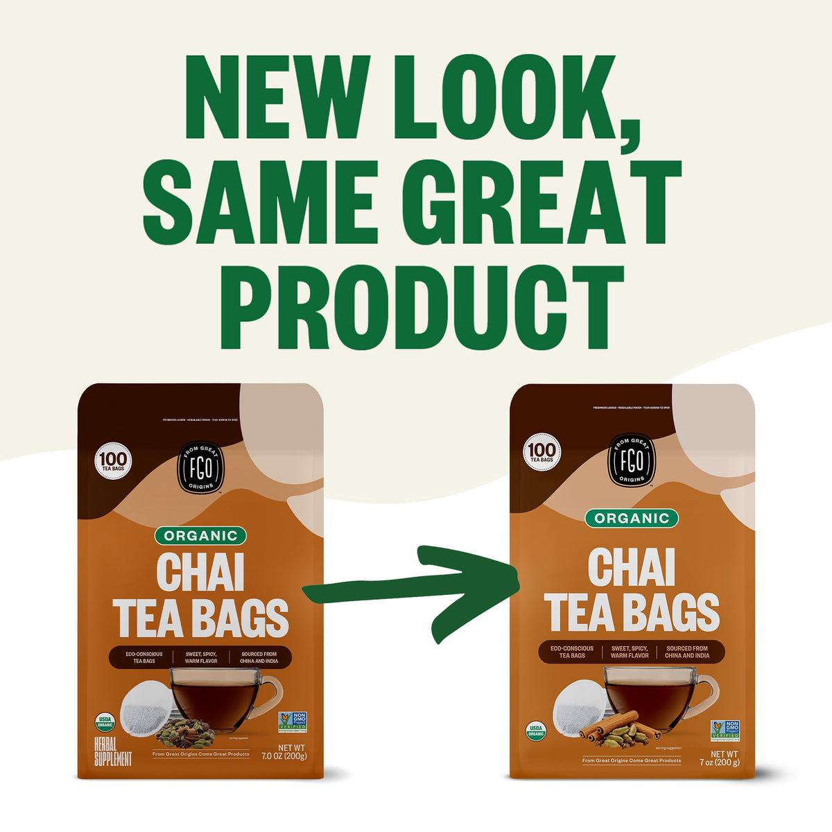 FGO Organic Chai Tea bags in eco-conscious foil-lined kraft pouch.