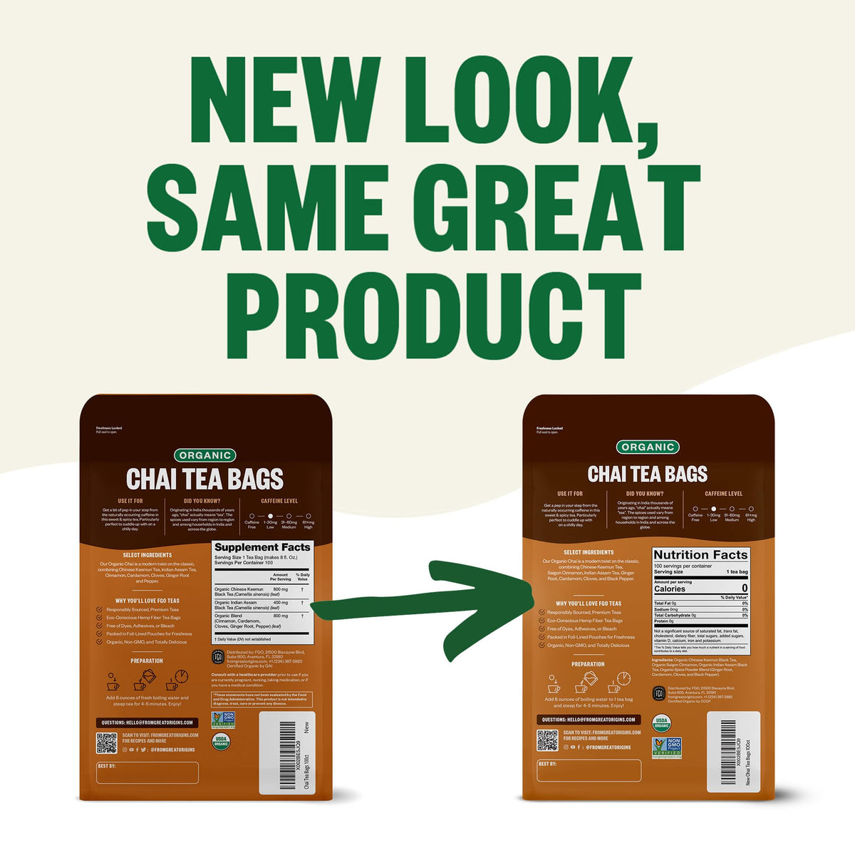 FGO Organic Chai Tea packaging shows USDA Organic and Non-GMO seals.