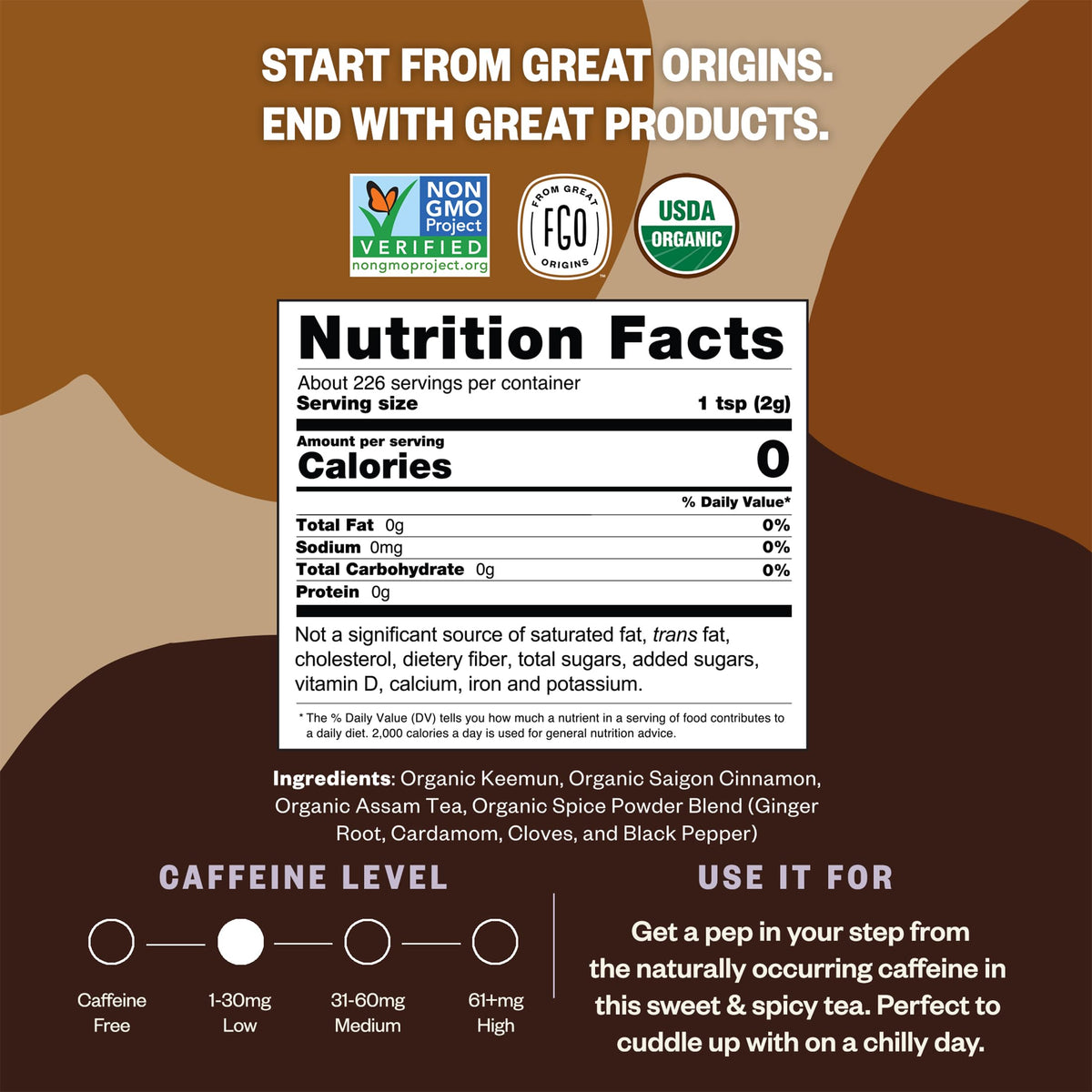 FGO Organic Chai Tea resealable bag front emphasizes freshness and easy storage