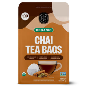 FGO Organic Chai Tea tea bags in resealable bag for fresh brewing.