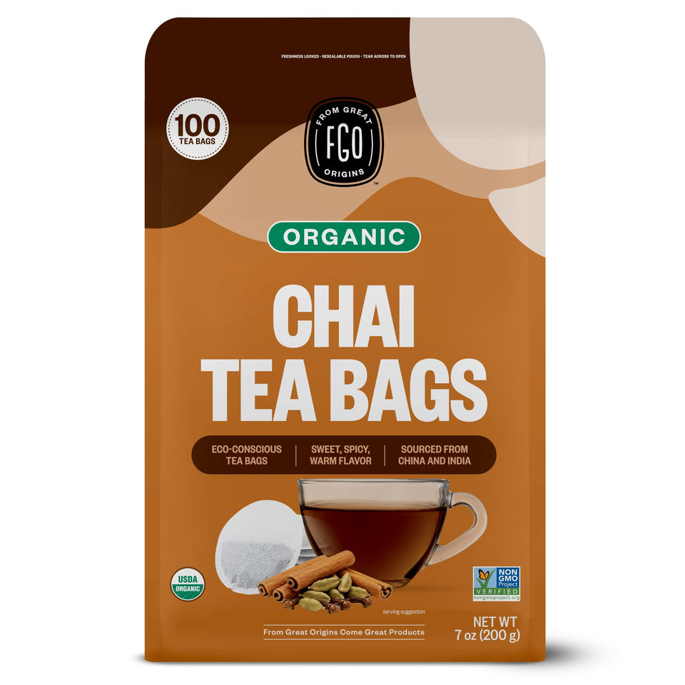 FGO Organic Chai Tea tea bags in resealable bag for fresh brewing.