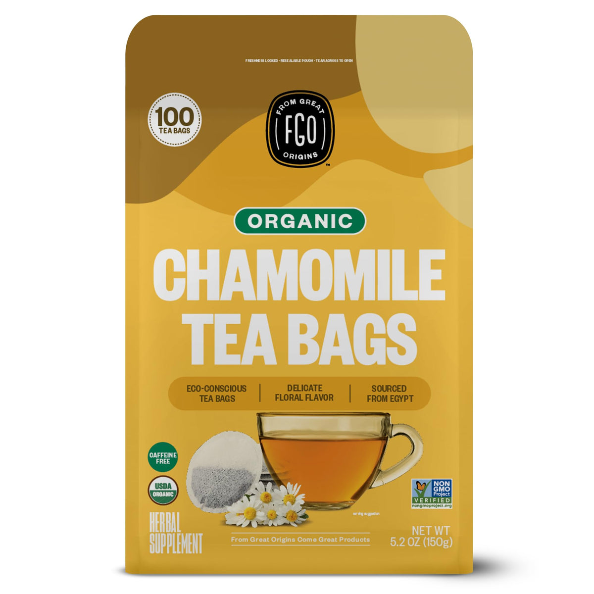 FGO Organic Chamomile tea bags ready to brew for a caffeine-free moment