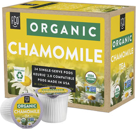 FGO Organic Chamomile Tea K-Cup Pod close-up shows organic flowers.