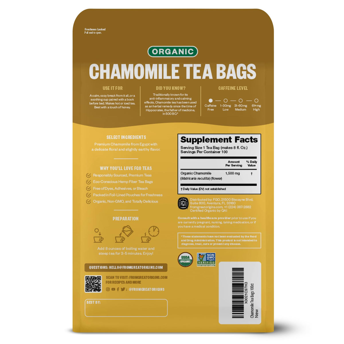 FGO Chamomile packaging highlights eco-friendly Abaca bags reducing waste