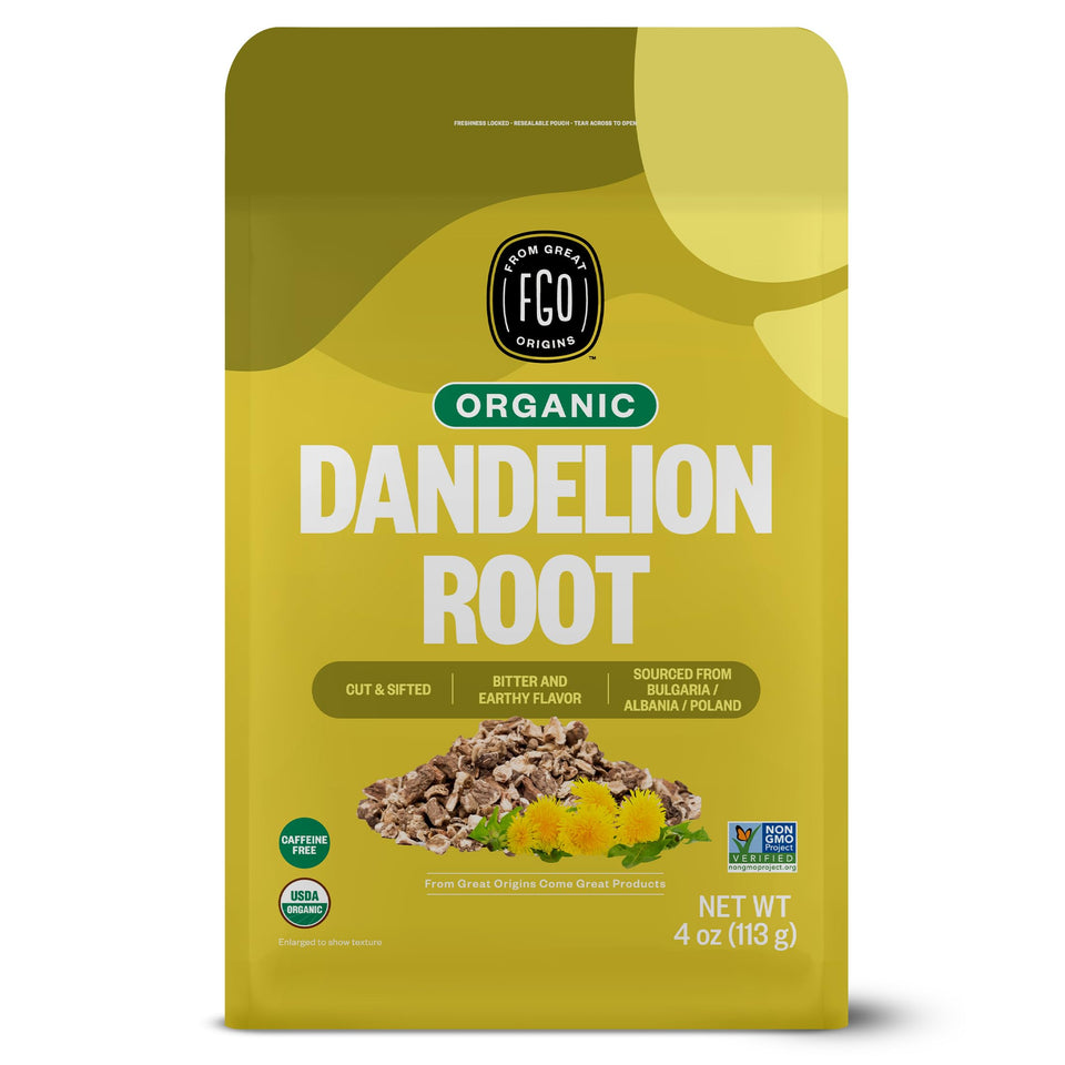 FGO Organic Dandelion Root loose tea leaves in resealable bag for brewing