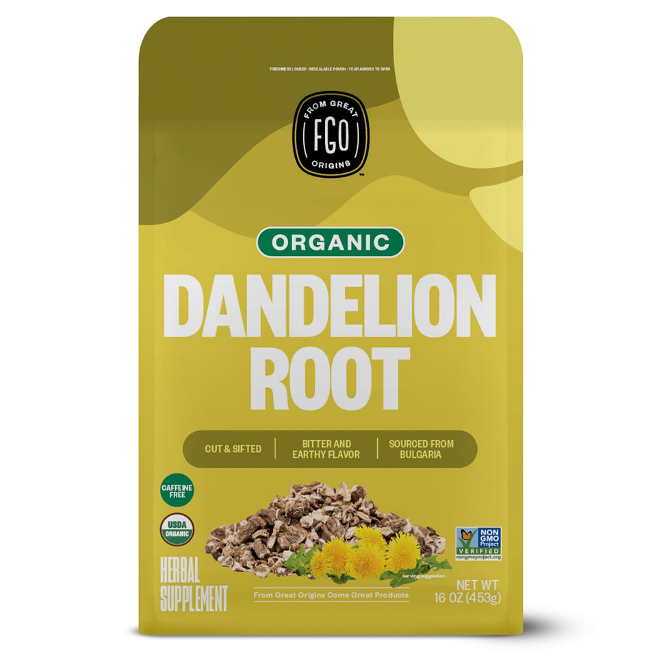 FGO organic dandelion root tea bulk bag for caffeine-free refresh