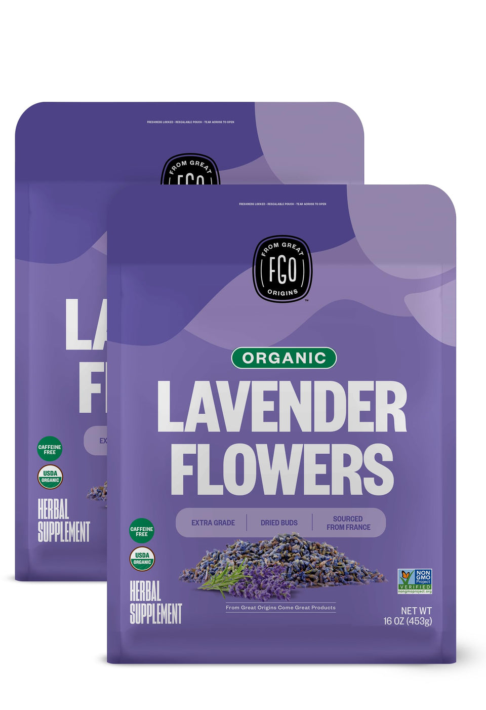 FGO organic dried lavender flowers from France for cooking and sachets.