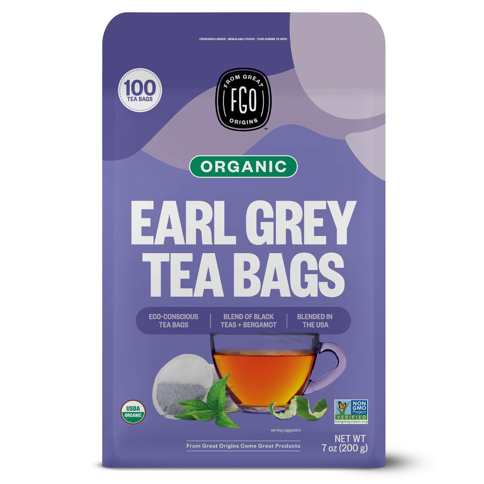 FGO Organic Earl Grey tea bags, 100-count, ready for everyday brewing