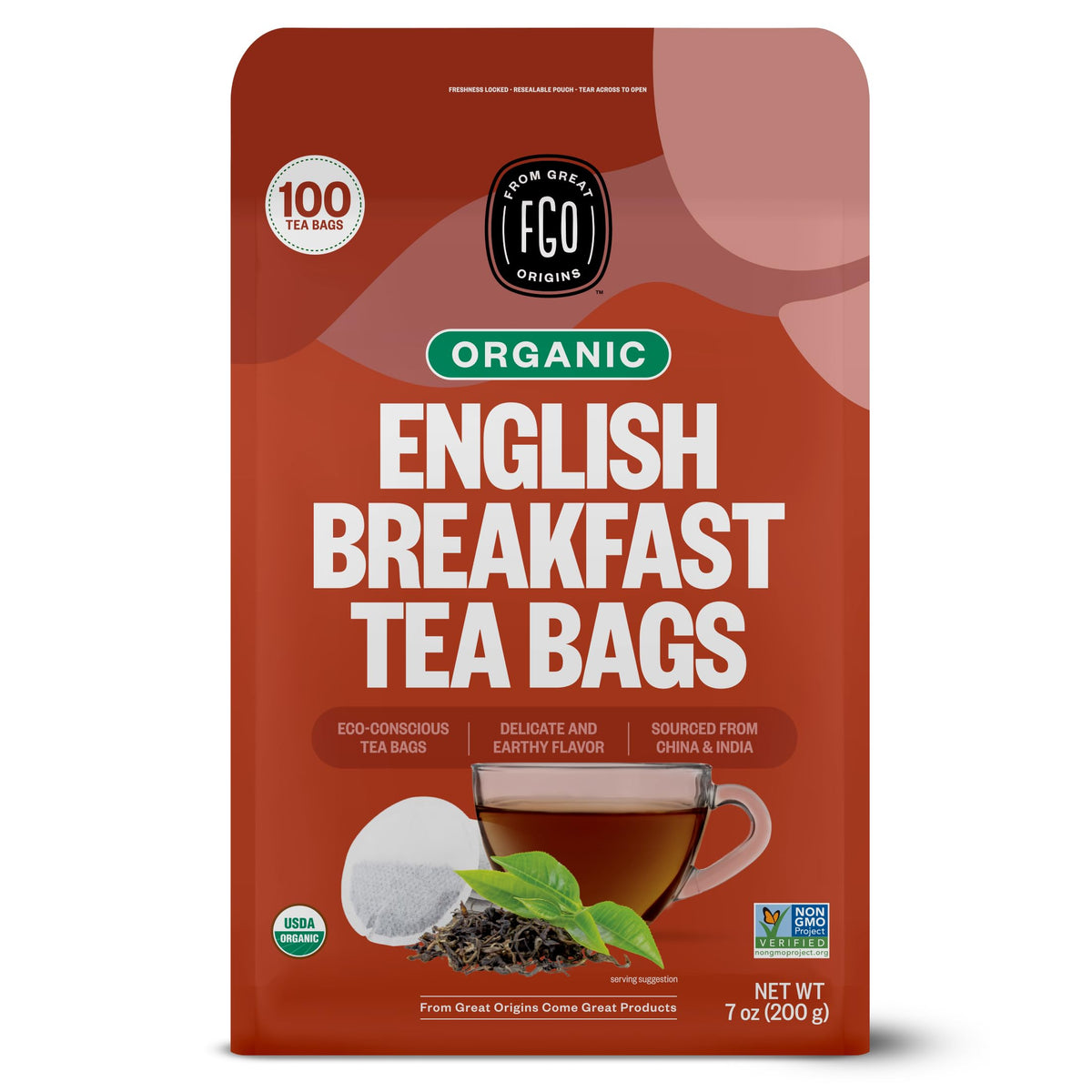 FGO Organic English Breakfast tea bags close-up showing robust morning ritual