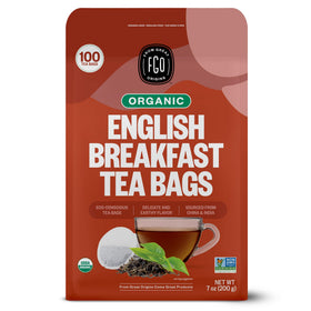FGO Organic English Breakfast tea bags close-up showing robust morning ritual
