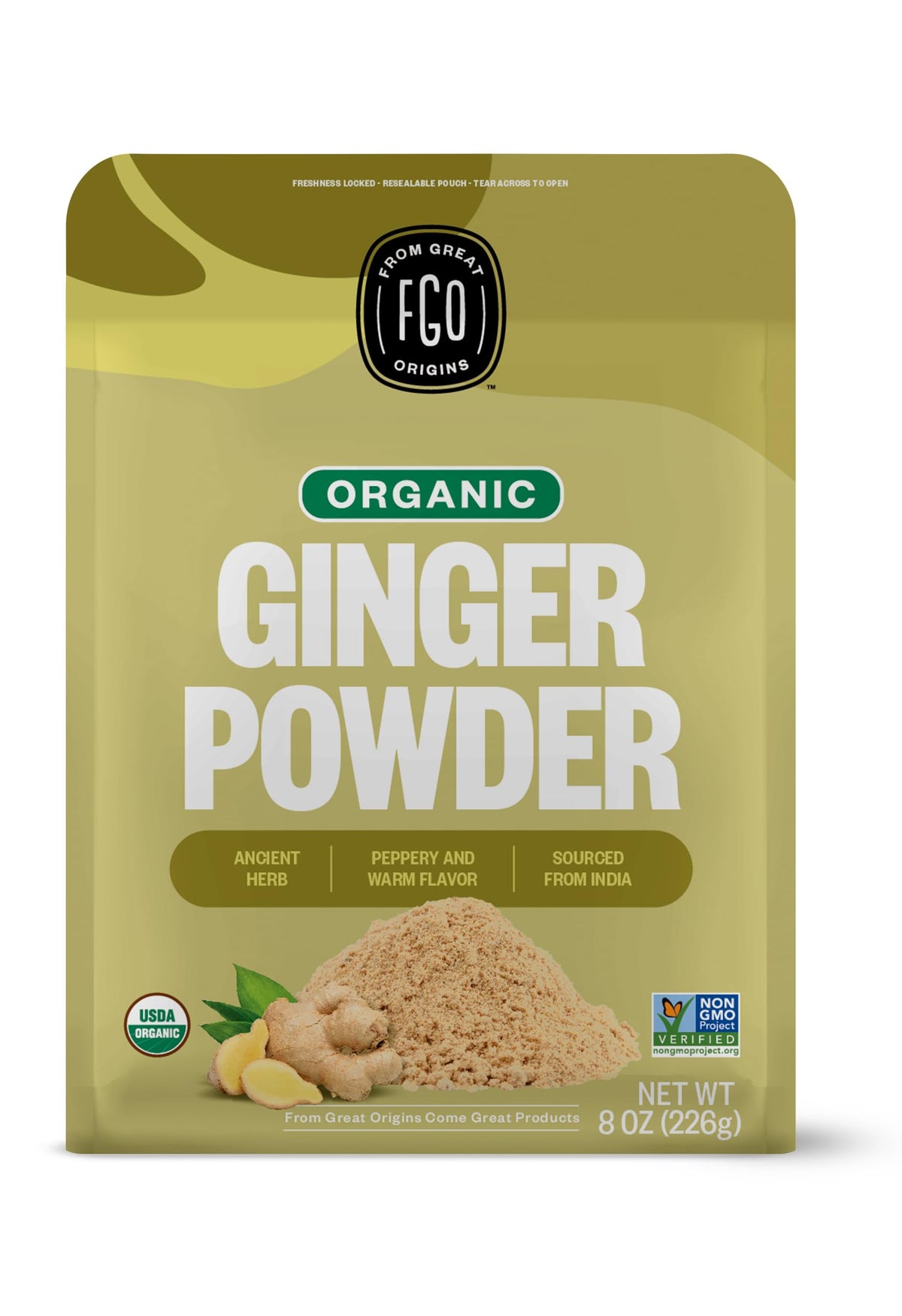 FGO Organic Ginger Powder front packaging for easy pantry storage and quick flavor