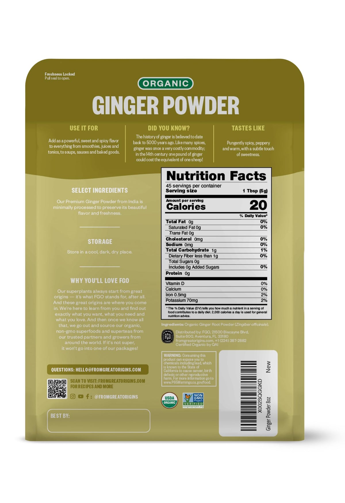FGO Organic Ginger Powder resealable bag close-up highlighting freshness and convenience