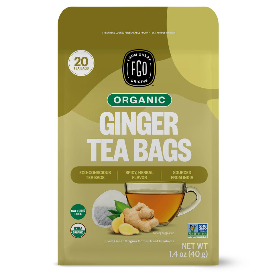 FGO Organic Ginger Tea bags in eco-friendly packaging, aromatic and ready to brew