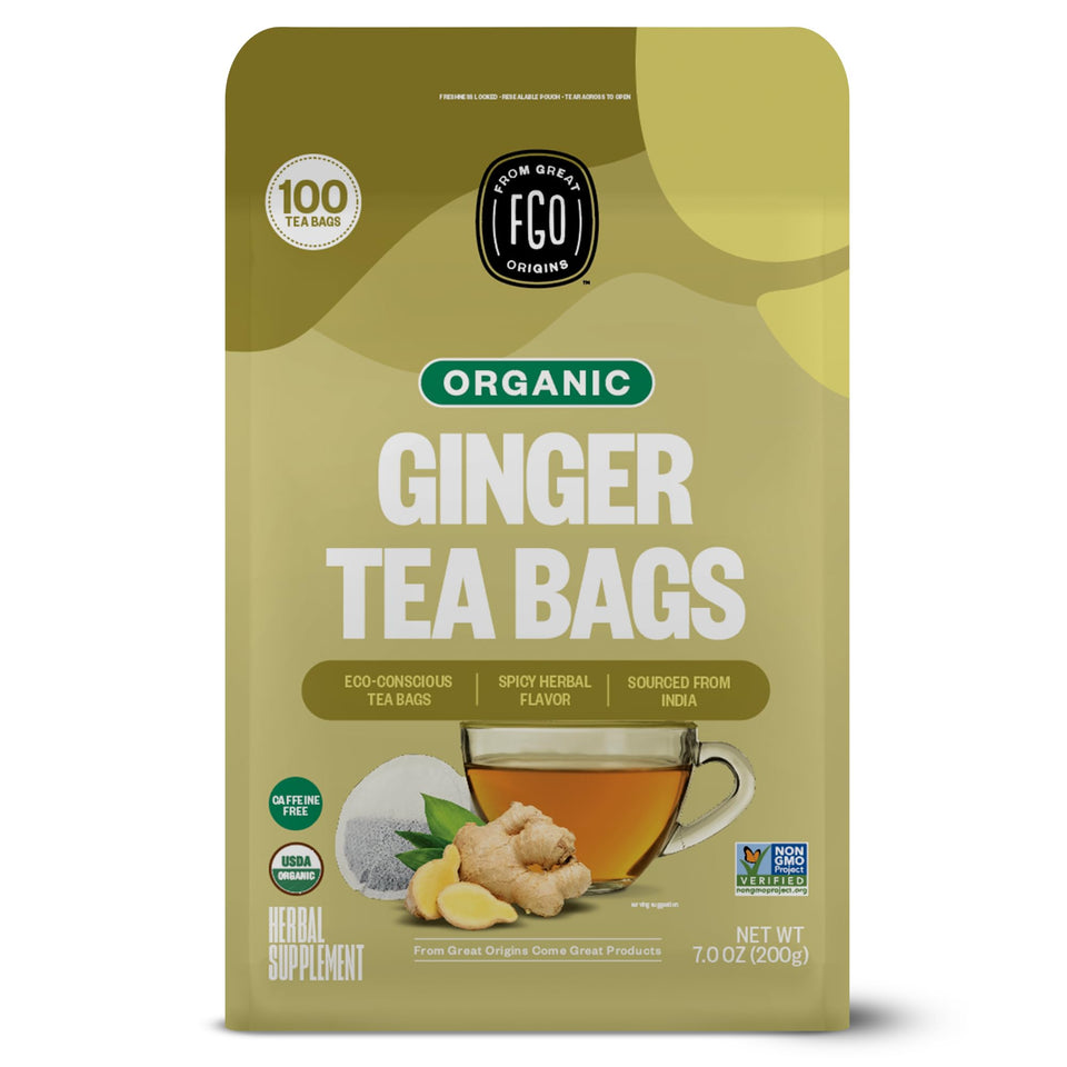 FGO Organic Ginger Tea bags in sustainable packaging for eco-conscious shoppers.