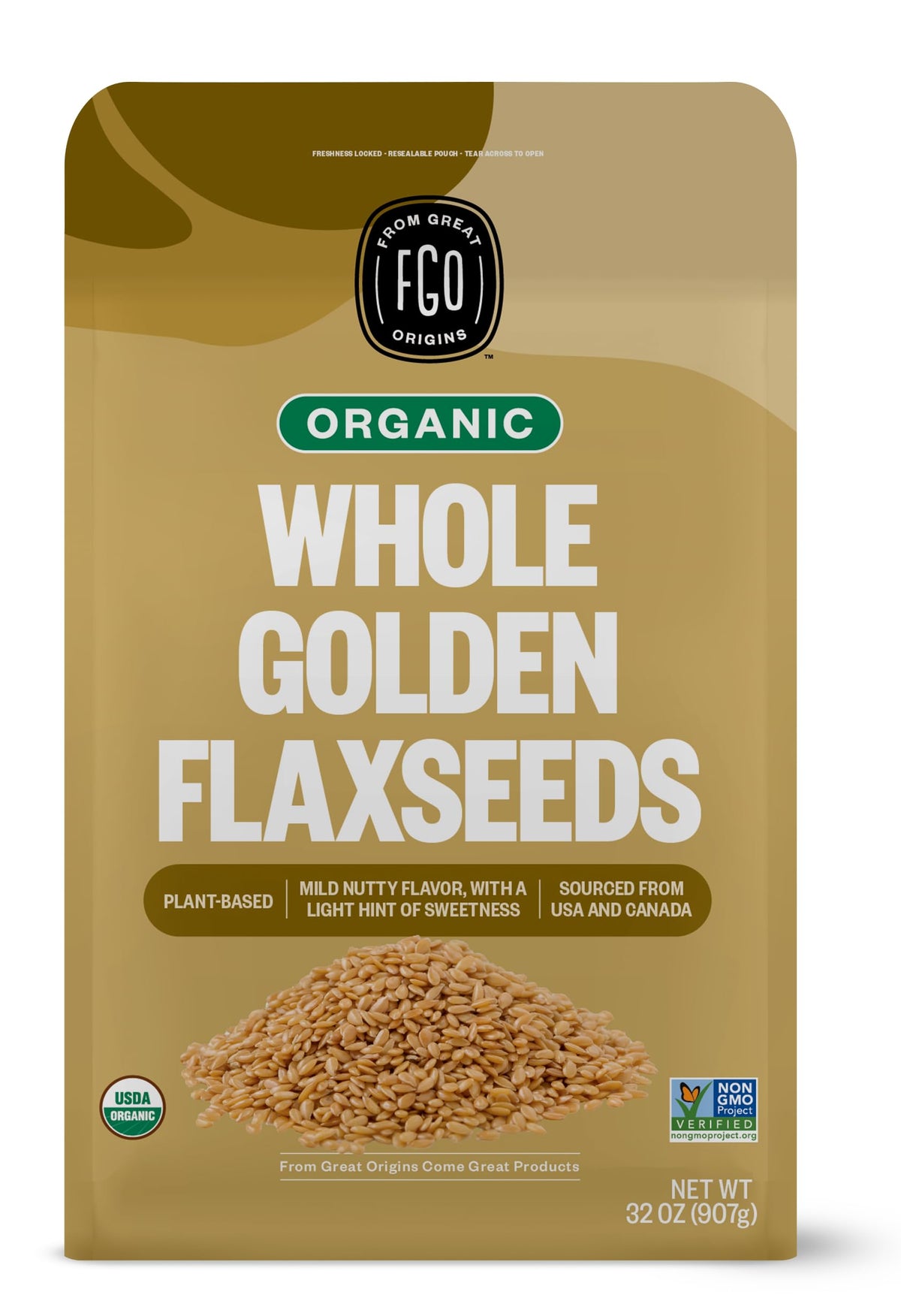 FGO Organic Golden Flax Seeds bulk bag, ready for pantry storage and versatile use