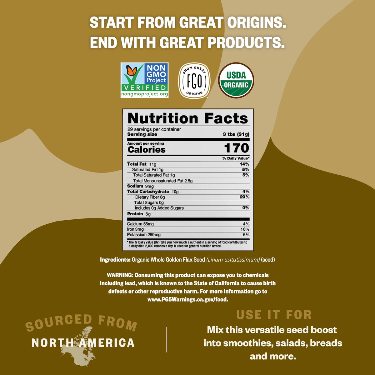 FGO Organic Golden Flax Seeds with a mild nutty flavor enhances baking and bowls