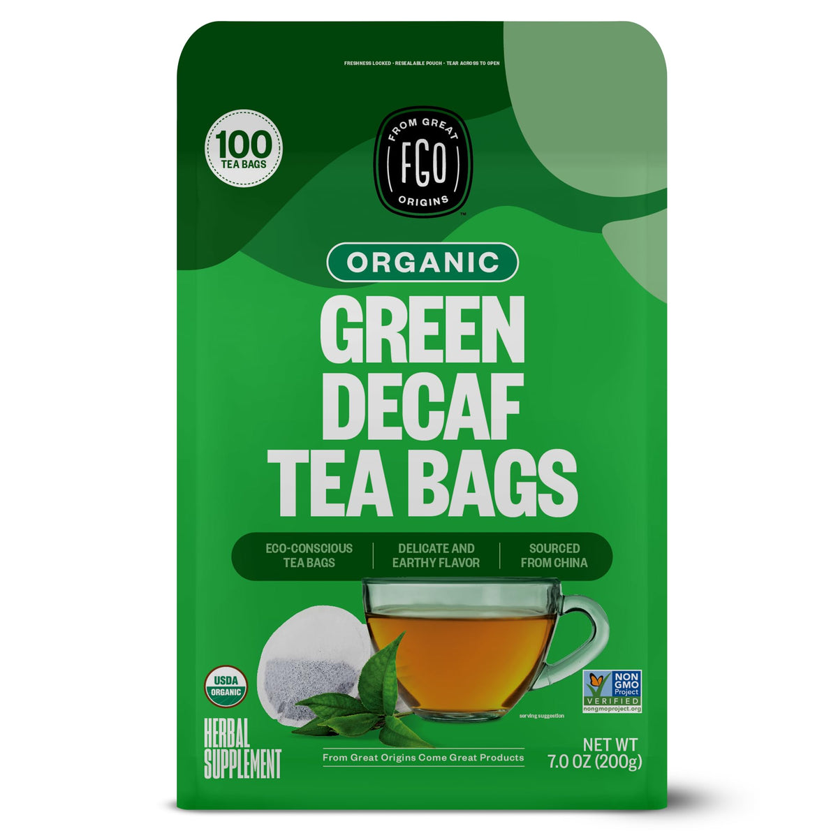 FGO Organic Green Decaf Tea bag in a resealable pouch for caffeine-free sipping