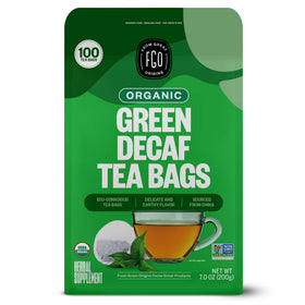 FGO Organic Green Decaf Tea bag in a resealable pouch for caffeine-free sipping